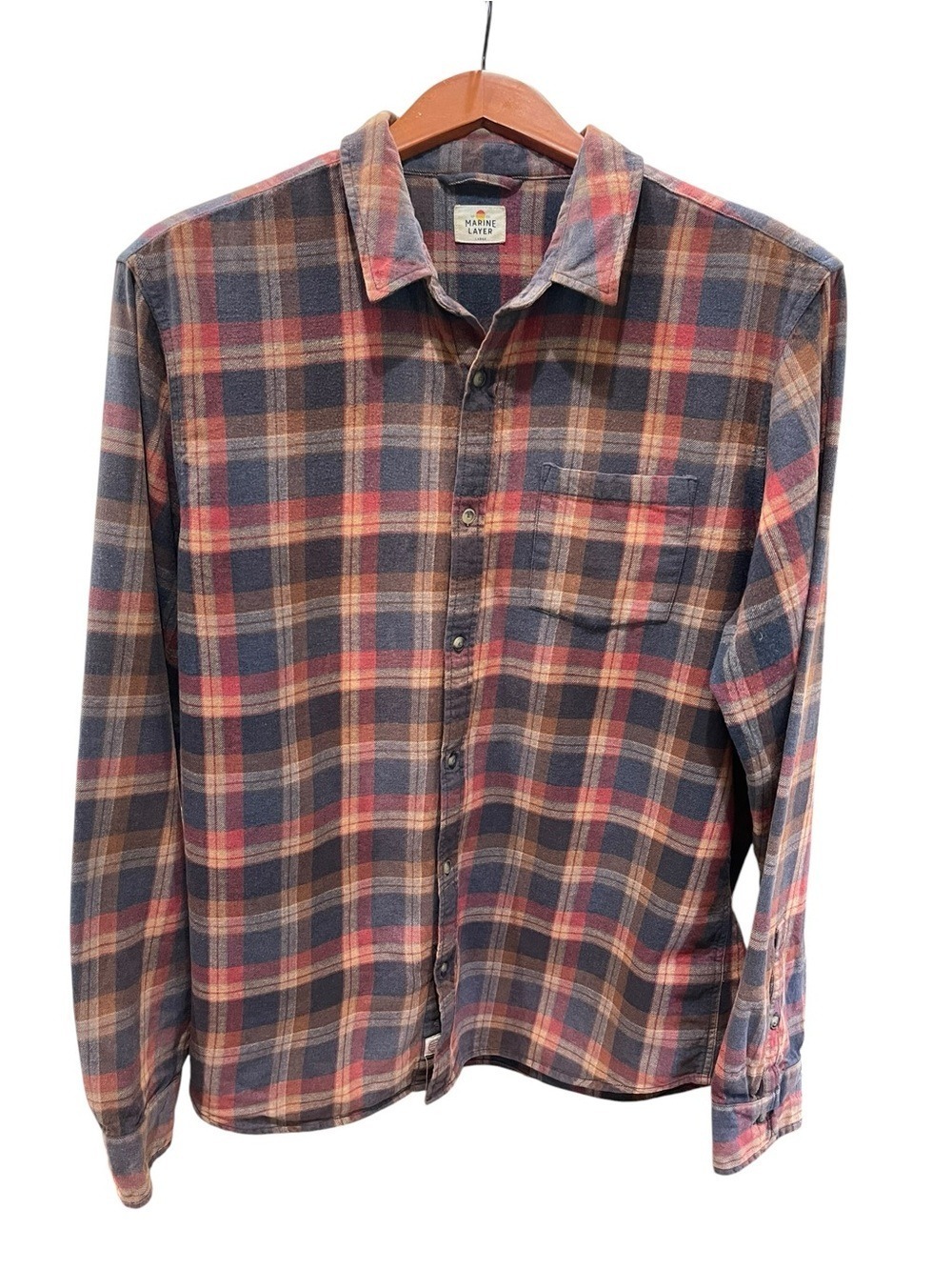 Marine Layer Men’s Tahoe Plaid Flannel Button Up Shirt SX L Navy Blue Tan